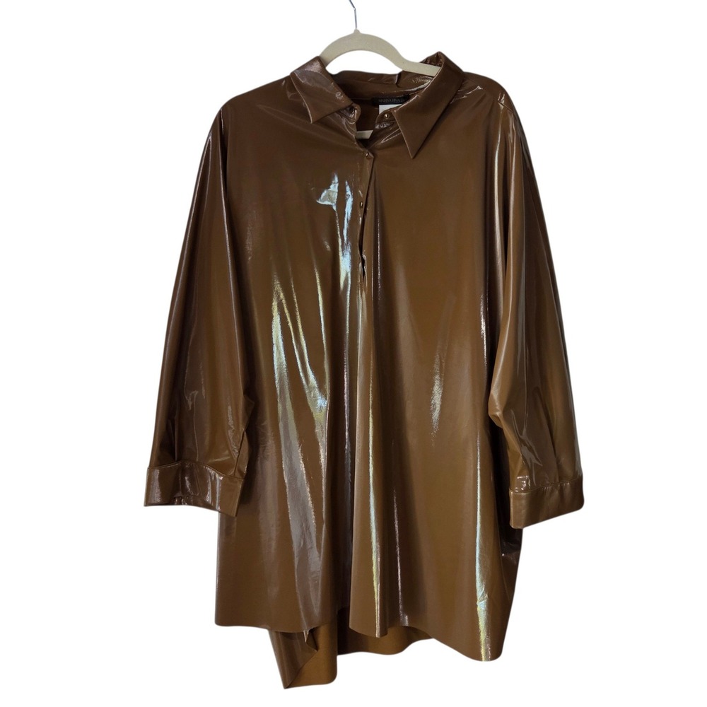Marina Rinaldi Zampillo Polo Shirt Women 22 Brown NWT Patent Jersey $355